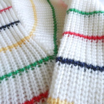 70’s multi color stripe white knit sweter & blue flare pants