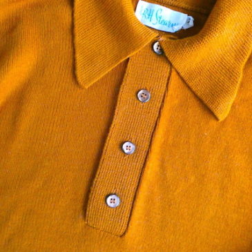 70’s pumpkin orange knit polo sweater & 70’s brown white plaid flare slacks