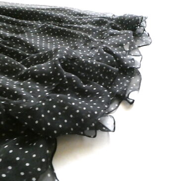 60〜70’s white dots black organza ruffle dress