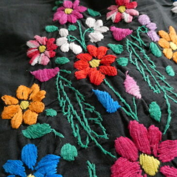 70’s flower embroidered black Mexican dress