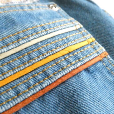 70’s terracotta orange poly blouse & 70’s wrangler multi color lines on back pocket denim pants