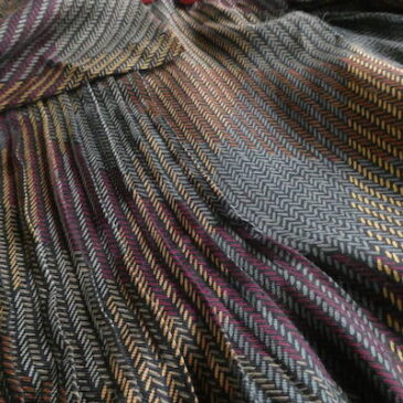 70’s puff sleeve brown poly dress & 70’s multi color stripe long sleeve dress