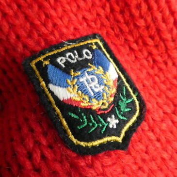 70’s navy wool double breasted long coat & 90’s Ralph Lauren red multi collar lines ski knit sweater